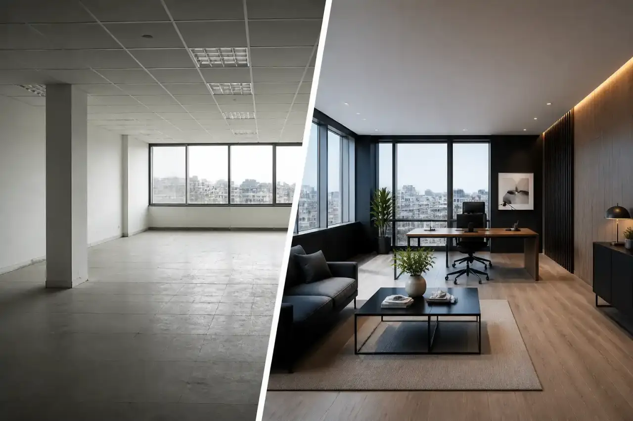 Avant-après d'un bureau vacant transformé en actif immobilier premium