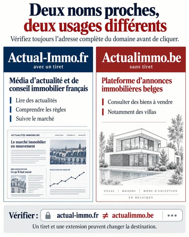 Actual immo : infographie distinguant Actual-Immo.fr et Actualimmo.be