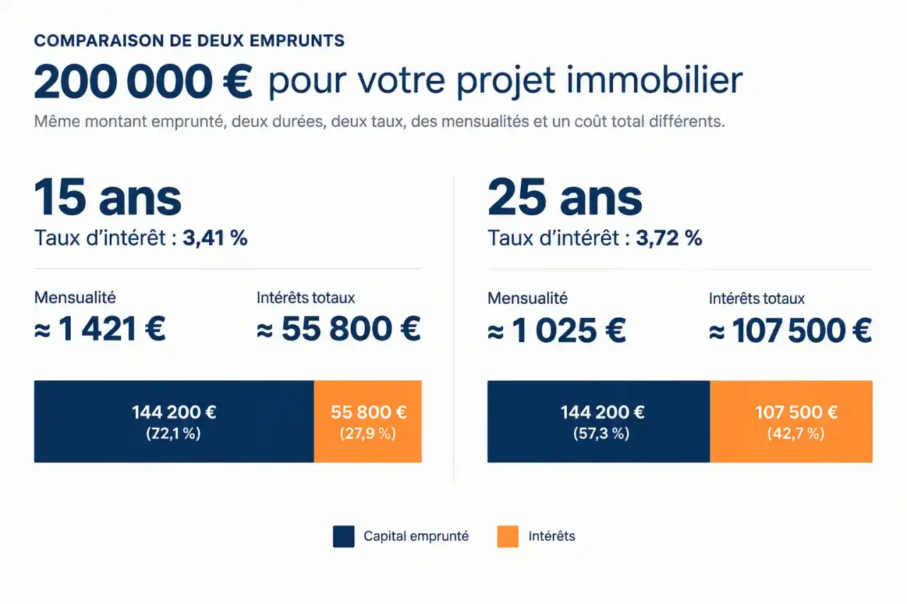 Prêt immobilier Rennes : comparaison du coût des intérêts pour 200 000 € empruntés sur 15 ans et sur 25 ans