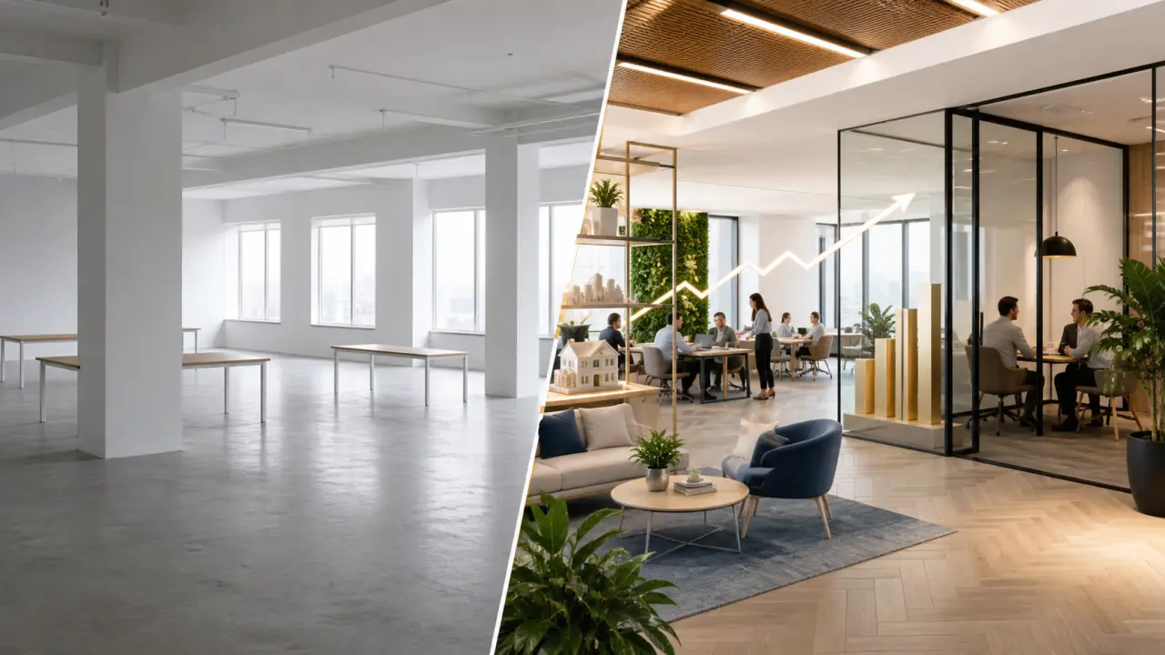 Avant/après d’un bureau vide transformé en espace professionnel rentable