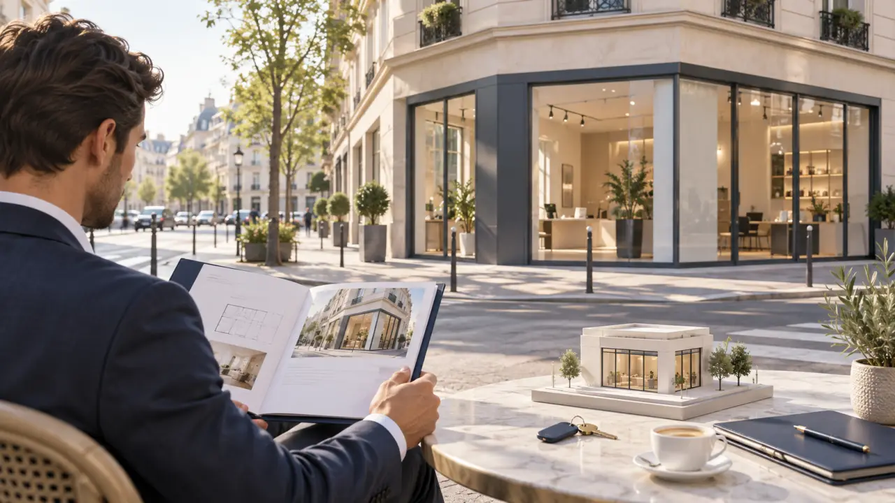 Entrepreneur examinant les plans d'un premier local commercial
